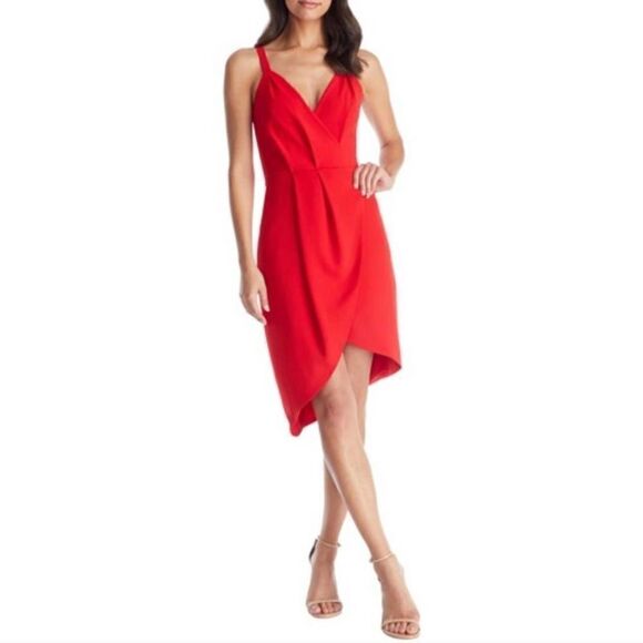 Dress The Population Midi Wrap Dress Womens Small Red Asymmetrical Hem Strappy - Picture 1 of 7